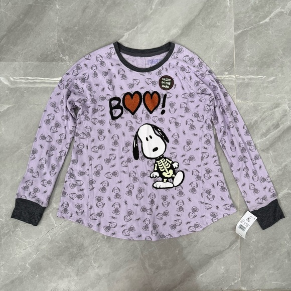 Girl’s Peanuts Thermal Snoopy Halloween Boo Skeleton Bats Long Sleeve Shirt XL - Picture 1 of 16
